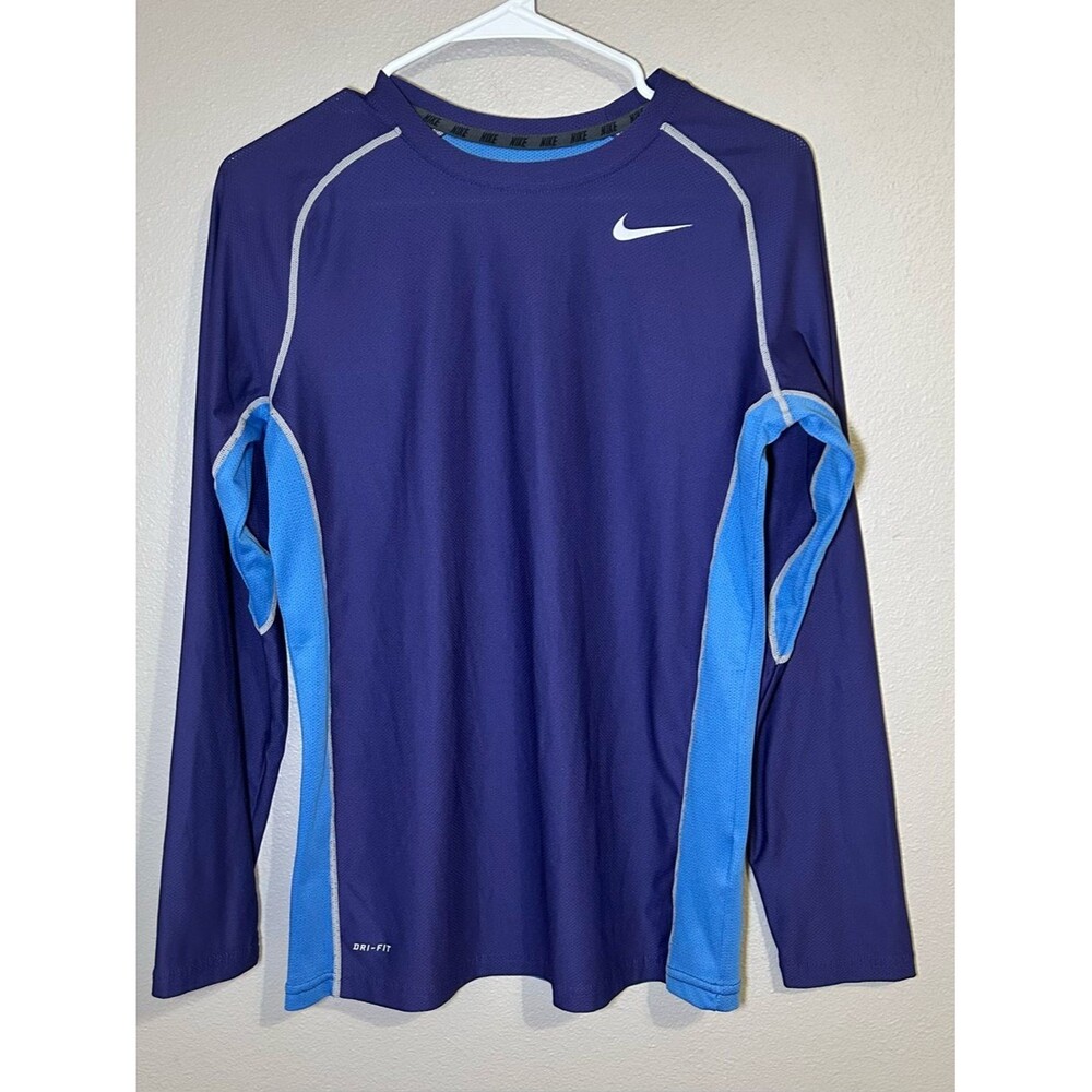 Nike Dri Fit Purple Blue Mesh Swoosh Logo Long Sleeve Training Shirt Kids Sz XL